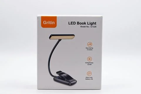 Retail packaging box for a rechargeable led book reading light by Gritin Stock Photos