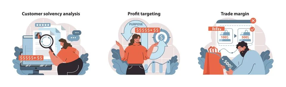 Retail Profit Plan set. Evaluating customer solvency, setting profit Illustrazione stock