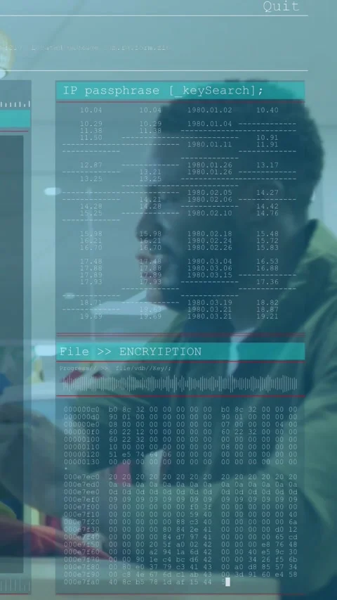 Retail staff sorting clothes after scan, checking stock while encryption overlay Stock Footage 331198842