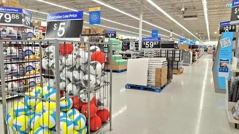 Retail Store Display Shows Assorted Sporting Goods Stock Photos