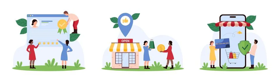 Retail store purchase set, tiny people with credit card and gold coin buy in イラスト素材