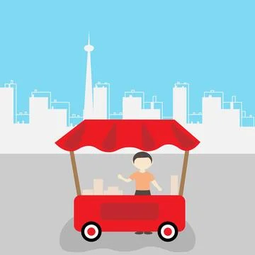 A retail store, a red mobile tent, standing out on a blue pastel background.. Stock Illustration