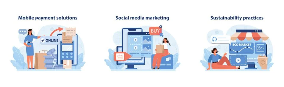 Retail Tech Solutions Set. Intuitive mobile payments, strategic social media Stock Illustration