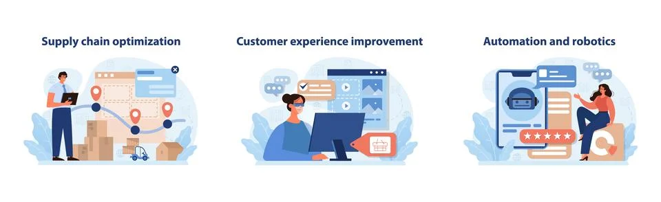 Retail Tech Vector Set. Streamlined supply chain, enhanced customer experience. Illustrazione stock