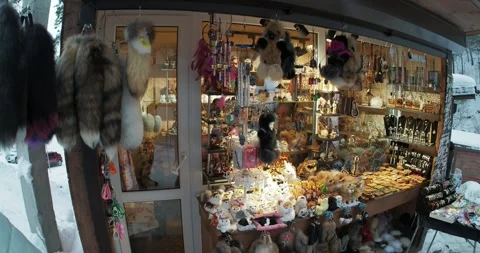 Retail trade. The open counter of a small shop that sells locally made goods. 스톡 동영상 297610113