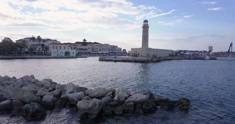 Rethymno lighthouse aerial view the camera moves forward Stock Footage 161229094