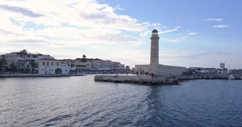 Rethymno lighthouse aerial view the camera moves forward Stock Footage 161229284