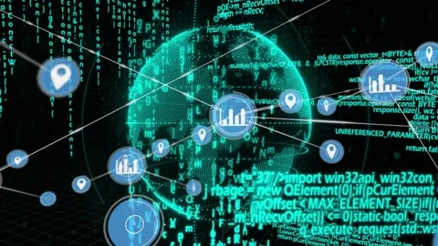 Reticle activating, teal globe rotating, spawning nodes and lines, visualizing Stock Footage 331062830