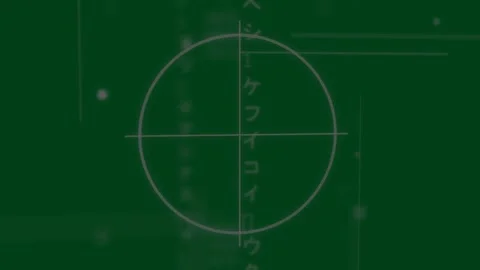 Reticle appearing right scaling rotating kana scrolling dots drifting showing Stock Footage 329548670