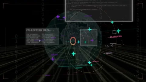 Reticle locking 3D globe rotating, HUD rings pulsing, panels collecting global Stock Footage 335740012