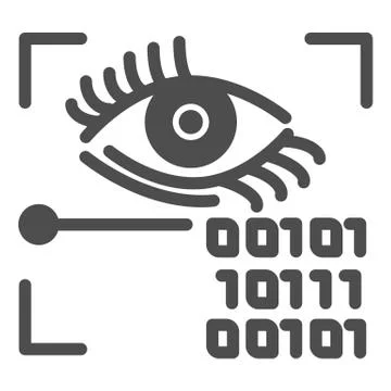 Retina recognition solid icon. Eye identification and binary code vector Stock Illustration