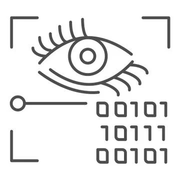 Retina recognition thin line icon. Eye identification and binary code vector Stock Illustration