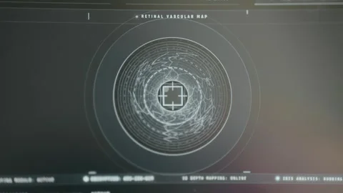 Retinal scan, multi-ring iris with radial striations, blood vessel paths and Stock Footage 333822042