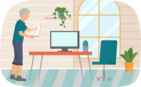 Retired elderly man standing with computer in hands. Senior male character with Stock Illustration