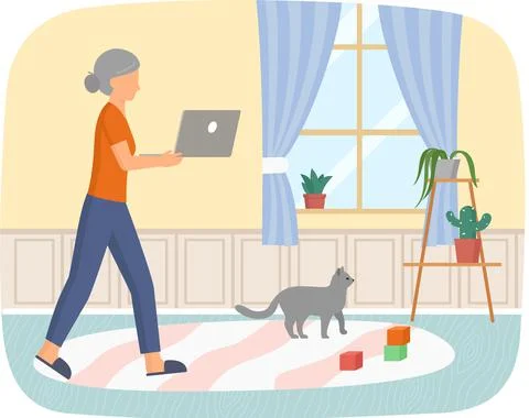 Retired elderly woman with computer in hands in her apartment. Dealing with Stock Illustration