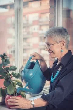 Retired gardener, senior woman watering plant Stock Photos