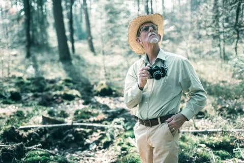 Retired man with hat and camera looking up at trees in forest. Stock Photos