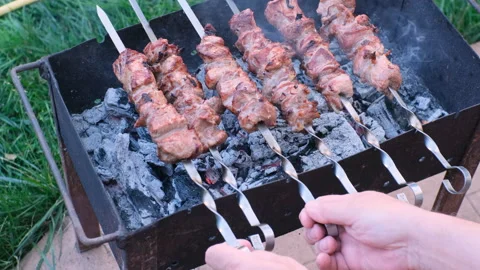 A retired man is sitting in a backyard and frying a barbecue Stock Footage 244737408