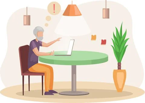 Retired man sitting with computer at home exclaims. Dealing with technology Stock Illustration