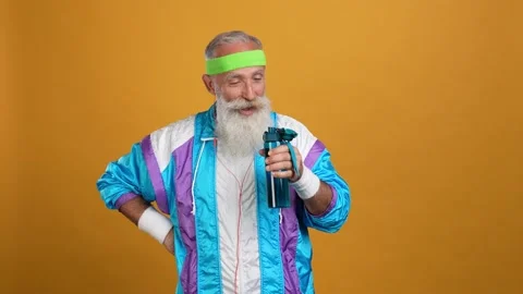 Retired man strong train recommend drink water isolated bright color background Stock Footage 166906939