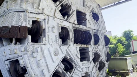 Retired Tunnel Boring Machine On Display Beneath A Highway Viaduct Vídeo Stock 343208220
