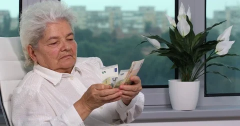 Retiree Business Lady Counting Euro Bills Banknotes Wealth Budget in Office Room Stock Footage