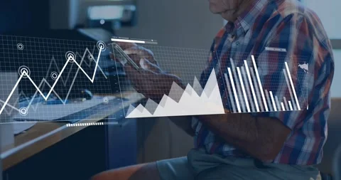Retiree reaching smartphone causing tech holographic graphs and map highlighting Stock Footage 327126643