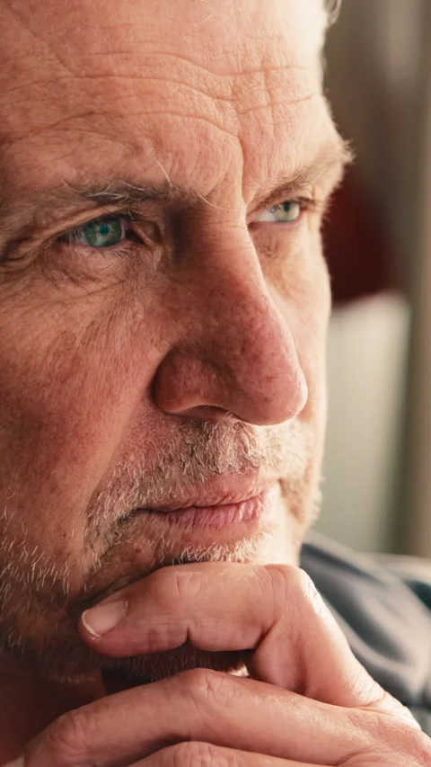 Retirement, decision and old man on break in home, thinking and contemplating Stock Footage 341484062
