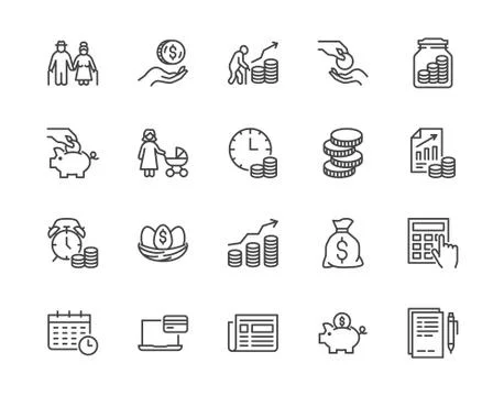 Retirement plan flat line icons set. Pension payment, money deposit, investment Stock Illustration