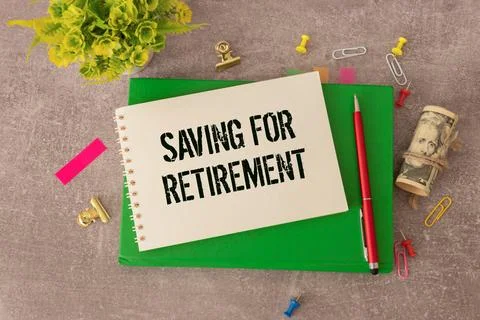 Retirement Plan text written on paper card with piggy saving, calculator Stock Photos