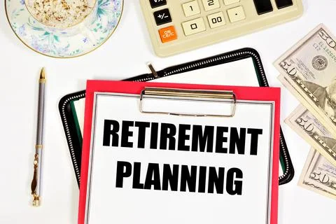 Retirement planning. Text label in the folder. Stock Photos