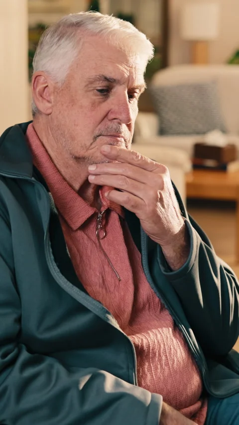 Retirement, thinking and old man in living room, choice and patient in nursing Stock Footage 341488477