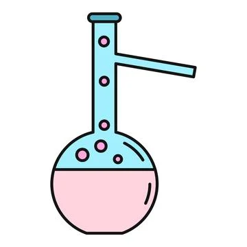 Retort flask icon with pink liquid and blue vapor bubbles Stock Illustration