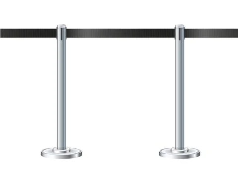 Retractable belt rack. Portable tape barrier. Black tape for fencing on silver Stock Illustration
