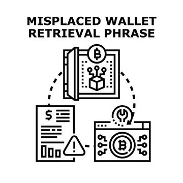 Retrieving misplaced cryptocurrency wallet with security warning Illustrazione stock