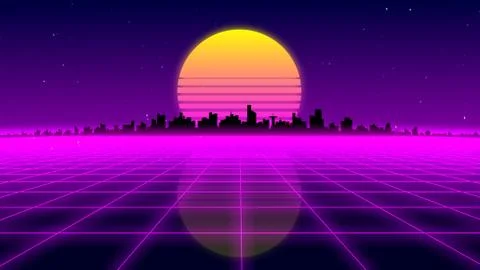 Retro 1980s synthwave glowing neon lights plane with sun and city skyline Stock Illustration