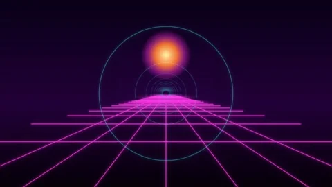 Retro 1980s synthwave neon grid landscape with glowing sun Stock Footage 336353285