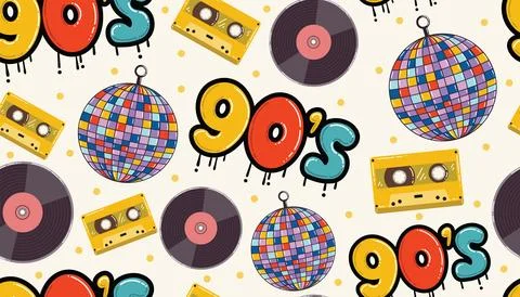 Retro 1990s seamless pattern in cartoon flat style with graffiti, vinyl recor Stock Illustration
