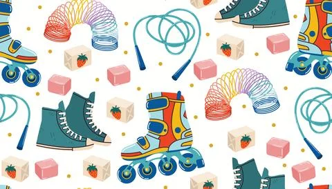 Retro 1990s seamless pattern with sneakers, roller skates, bubble gum, spring イラスト素材