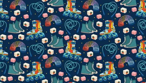 Retro 1990s seamless pattern with sneakers, roller skates, bubble gum, spring 스톡 일러스트