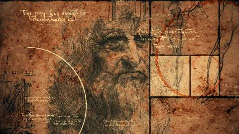 A retro 3d rendering of code Da Vinci with the portrait of the world known ma Stock Illustration