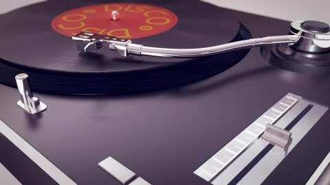 A retro 3d rendering of a vinyl disc gramophone standing on a white surface.  Illustration