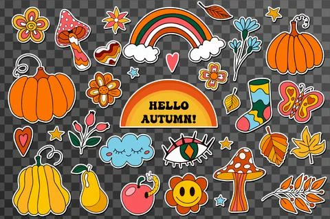 Retro 70s autumn vibe, hippie stickers, psychedelic groovy elements. Cartoon Stock Illustration