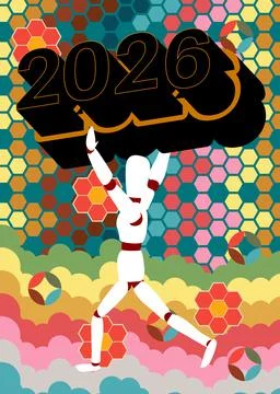 Retro 70s Background with 2026 text. Groovy wooden puppet 1970s art templat.. Stockillustratie