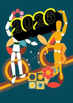 Retro 70s Background with 2026 text. Groovy wooden puppet 1970s art templat.. Иллюстрация