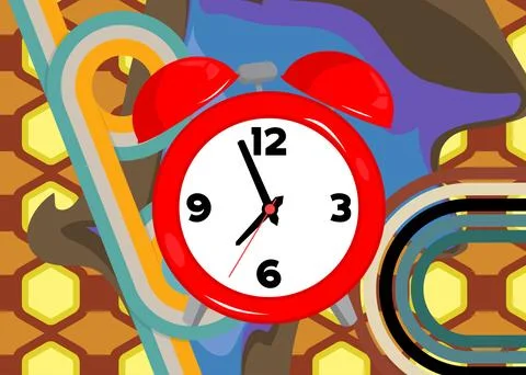 Retro 70s Background with Alarm Clock. Groovy Timer 1970s art template. Min.. イラスト素材