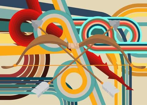 Retro 70s Background with Ancient arrow. Groovy Weapon 1970s art template. .. Stock Illustration