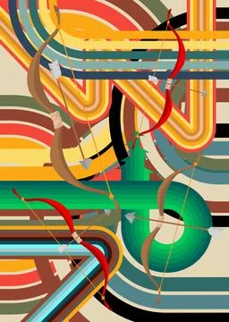 Retro 70s Background with Ancient arrow. Groovy Weapon 1970s art template. .. Stock Illustration