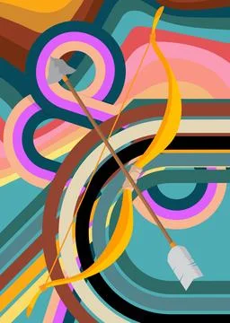 Retro 70s Background with Ancient arrow. Groovy Weapon 1970s art template. .. Stock Illustration