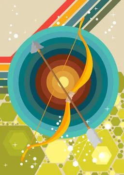 Retro 70s Background with Ancient arrow. Groovy Weapon 1970s art template. .. Stock Illustration